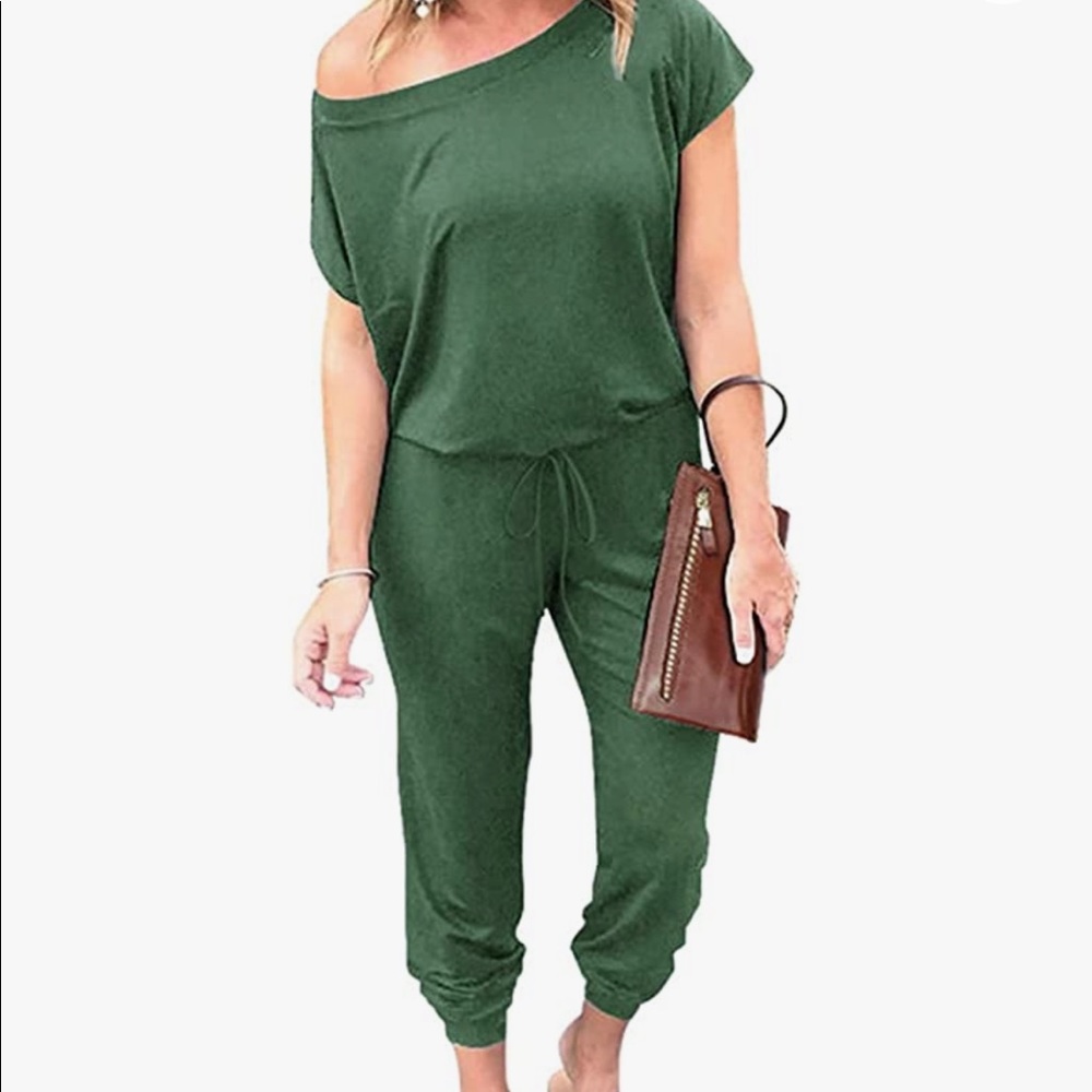 Green off the shoulder jumpsuit and romper